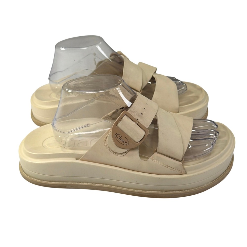 Chaco Townes Midform Slide Sandals Womens 10 Tan Beige Leather Buckle Chunky